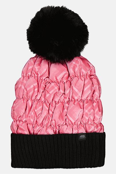 Justin Gregory Women Plaid Puffer Beanie With Pom, Pink