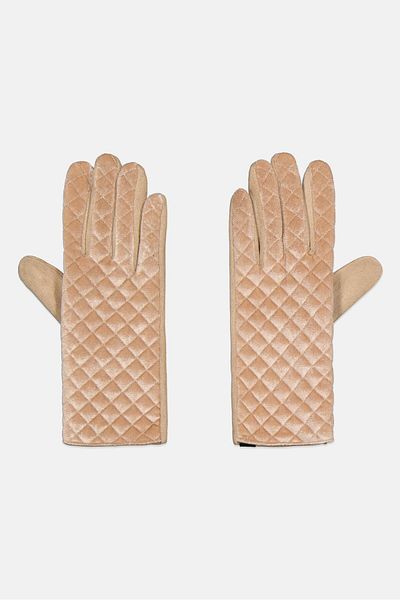 Justin Gregory Women 1 Pair Velvet Quilted Gloves, Beige