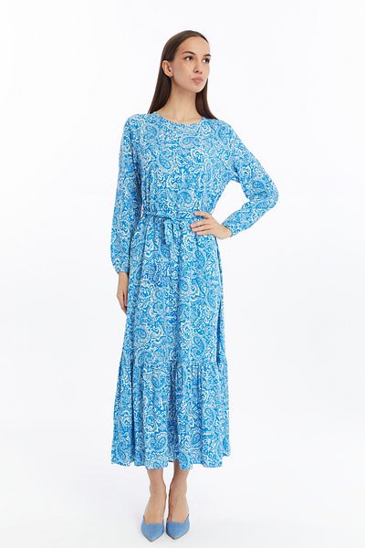 CNR TEKSTİL Rochie lungă plisată cu model șal albastru de damă