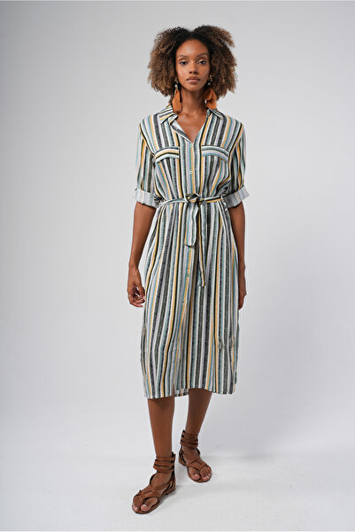Hopoi Kadın Çizgili Midi Gömlek Elbise