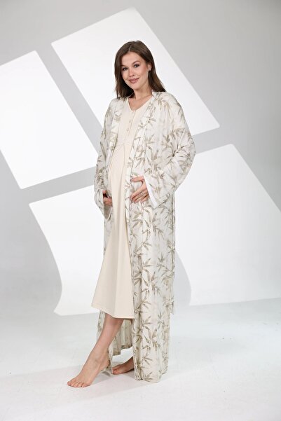 BLACKMORE طقم ثوب نوم للحوامل منقوش باللون البيج والزيتوني الرملي مكون من قطعتين