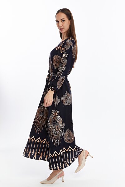 CNR TEKSTİL Women's Navy Blue Ethnic Patterned Long Dress