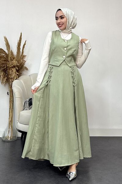 Tesettür Diyarı Women's Lizza Fabric Skirt with Shirred Vest Double Set - Water Green
