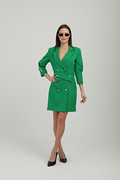 Genel Markalar Kruvaze Çıkarılabilir Kemerli Uzun Yeşil Ceket