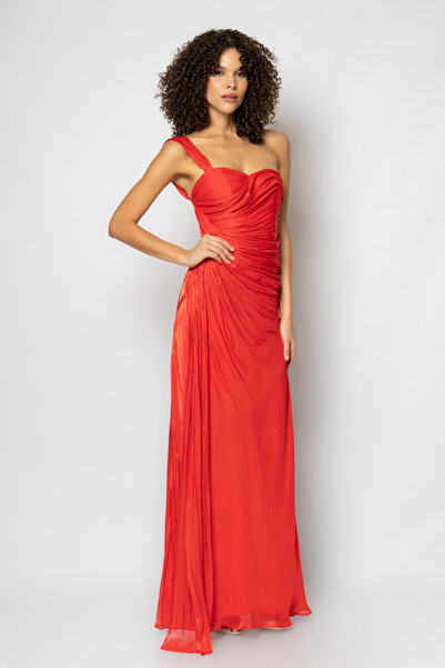 RENGIN Komple büzgülü belden parçalı tek omuz ince organze abiye elbise