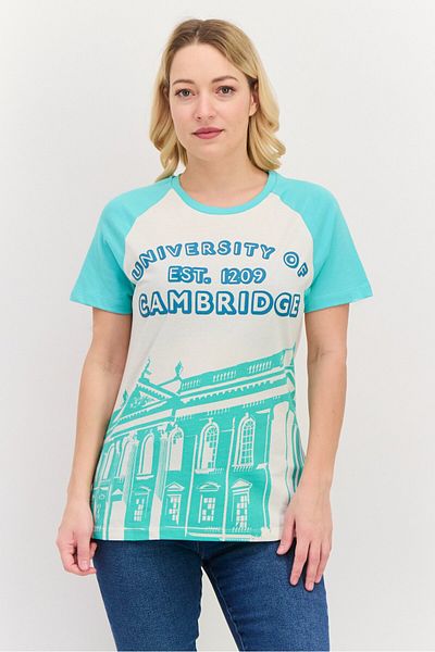 University Of Cambridge Women Crew Neck Short Sleeve Graphic Print T Shirt, Aqua Green