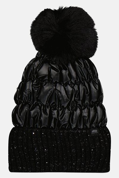 Justin Gregory Women Pom Pom Puffer Beanie, Black