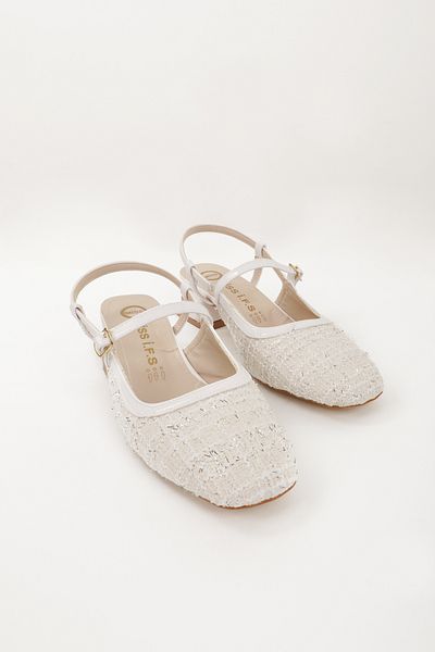Eray Women's White Fabric Back Open Summer Low Heel Shoes