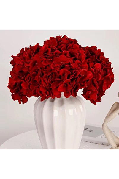 YAPAY ÇİÇEK DERYASI Kırmızı Yapay Ortanca 5 Dallı Vazo Saksı Dekor Çiçeği