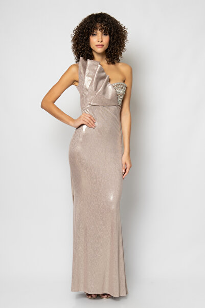 RENGIN Tek göğsü taş yapıştırmalı robası kat kat volanlı abiye elbise