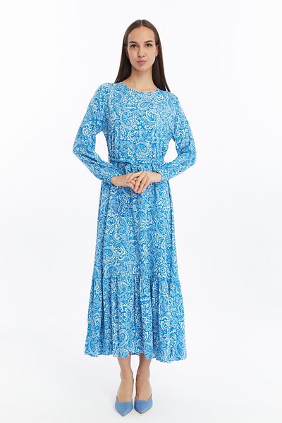 CNR TEKSTİL Rochie lungă plisată cu model șal albastru de damă