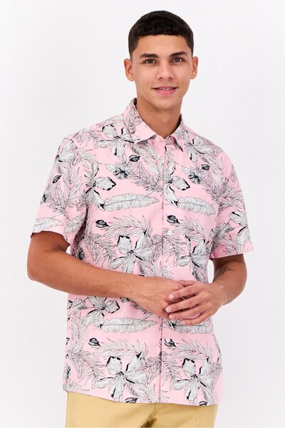 Peter Werth Men Regular Fit Floral Pint Short Sleeves Casual Shirt, Pink