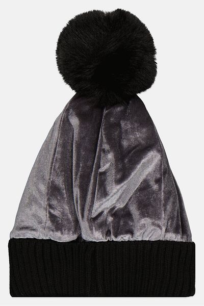 Justin Gregory Women Pom Pom Velvet Knitted Beanie, Grey