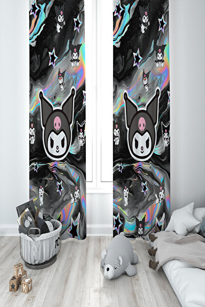 BelezaHome Black Gray Kuromi Themed 2 Wing Background Curtain