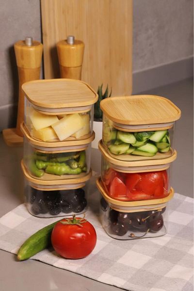 Atbyhome Duo 400ml 6-Piece Bamboo Vacuum Lid Glass Breakfast Set
