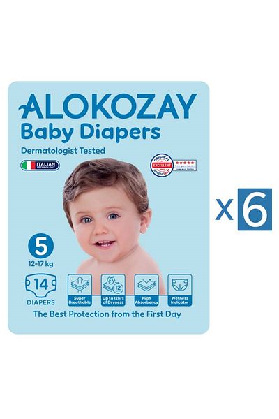Alokozay Premium Baby Diapers - Size 5 (12-17 Kg) - 14 Diapers X Pack of 6