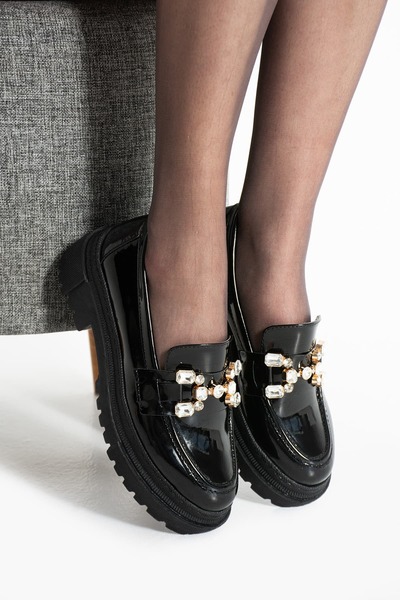 Hepici Loafer Daily Pantofi confortabili pentru femei, negri strălucitori, cu...