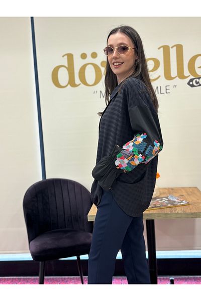 AYHAN Cămașă cu nasturi în față cu model, mâneci elastice și detalii de broderie