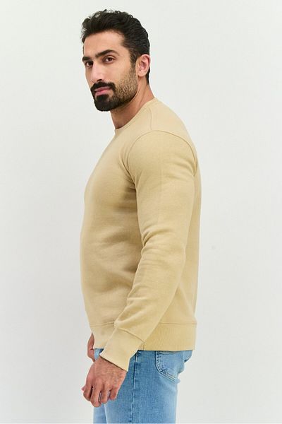 fleece factory Men Crew Neck Long Sleeves Solid Sweatshirt, Beige