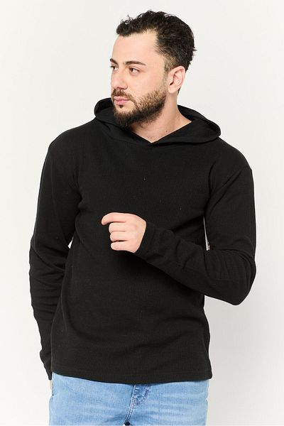 fleece factory Men Hooded Long Sleeves Textured Sweatshirt, Black