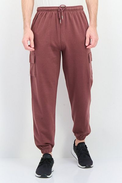 fleece factory Men Drawstring Fleece Cargo Pants, Pale Burgundy