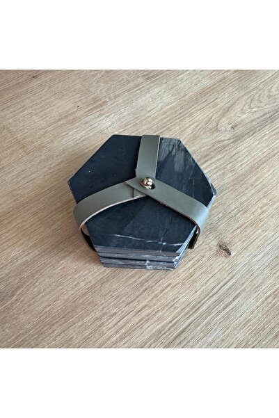 LİSPERA Black Marble Coaster with Leather Holder, Black Marble Coaster, Home ...