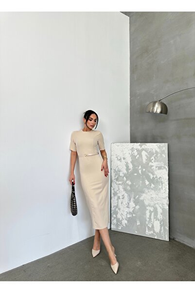 maf collection Kadın Bej Bisiklet Yaka Kemer Detaylı Kısa Kol Abiye Elbise