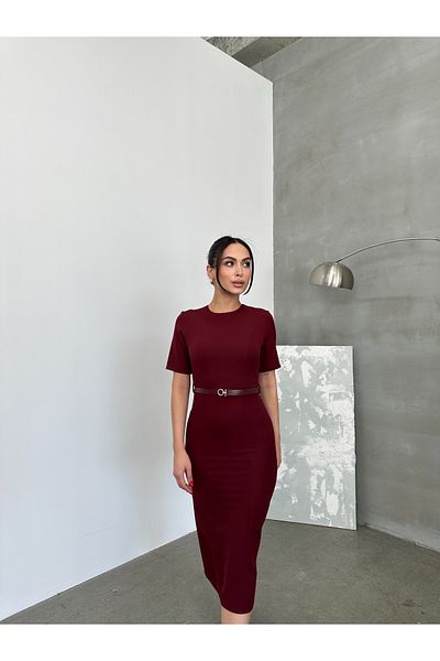 maf collection Women's Burgundy Crew Neck Belt Detailed Short Sleeve Evening Dress