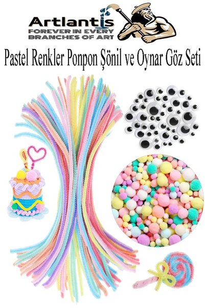 Artlantis Pastel Renkli Şönil Ponpon Oynar Göz Seti 1 Pkt Karışık Pastel Renk...