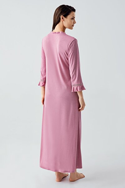 Artış Lace Buttoned Long Sleeve Stretchy Viscose Nightgown