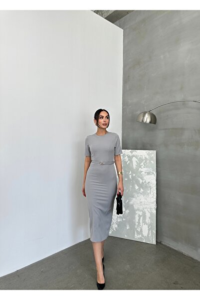 maf collection Γυναικείο βραδινό φόρεμα με κοντό μανίκι με λεπτομέρεια σε γκρι λαιμόκοψη