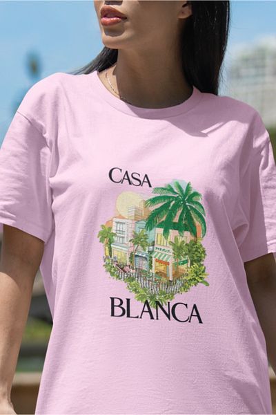 SUNFREE تي شيرت نسائي كبير الحجم مطبوع عليه CASA BLANCA من POPULAR TREND