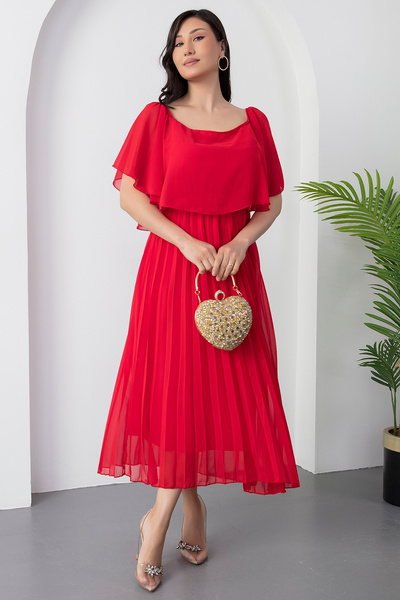 PULLIMM Madonna Yaka Eteği Pliseli Şifon Elbise 2025-4102