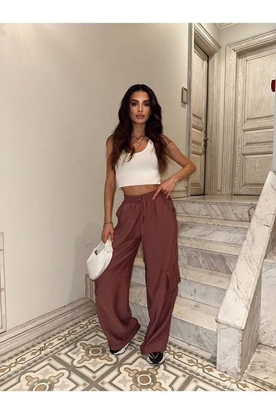 LOCH BUTİK Women's Plum Cargo Pocket Modal Fabric Trousers