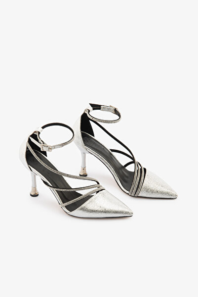 SAYL Gümüş Taşlı Çapraz Bantlı Bilekten Bağlamalı Stiletto