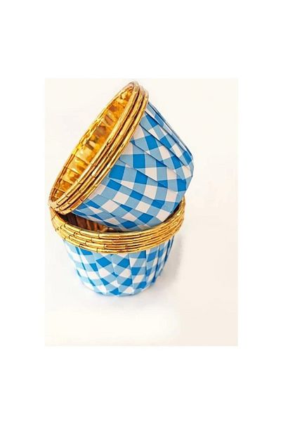 Dolphin Blue Gingham Gold Metallic 25-Piece Baking Muffin Cupcake Cake Mold Container Capsule 6.5x4cm
