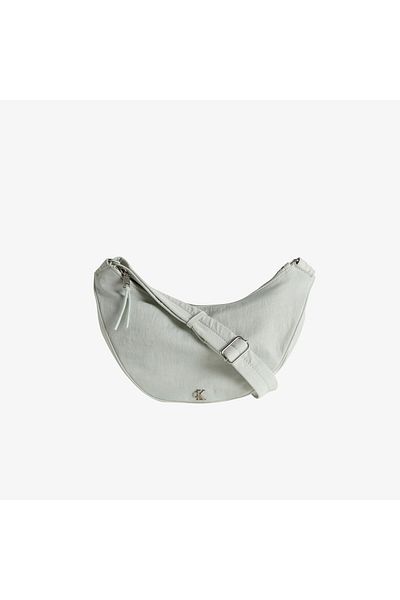 Calvin Klein Gray Metallic Ck Logo Women's Shoulder Bag with Adjustable Zipper and Interior Compartment