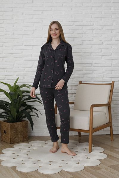 FAMES PİJAMA Uzunkol Buttoned Combed Cotton Pajama Set with Hearts