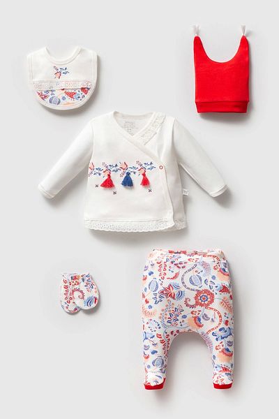 İmaj White Lalezar Baby Girl 5-Piece Hospital Release - Embroidered and Tasseled Bodysuit Set, 0-3 Months, 100% Cotton