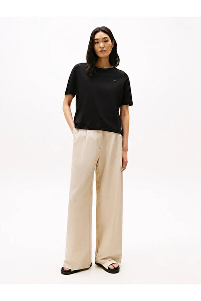 Tommy Hilfiger Women's Relaxed Fit Horizontal Line Patterned Round Neck Short Sleeve Black T-Shirt Ww0Ww46158-Bds