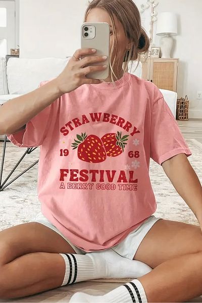 EFBUTİK Μπλουζάκι ροζ Unisex Strawberry Festival 1968