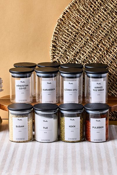 Perotti Riga 12 Li Black Wooden Lid Borosilicate Glass Spice Rack 200 ml 8X6 cm 30 Tags Gift