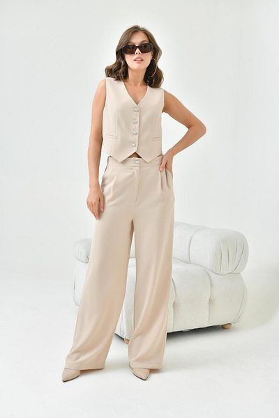 Garmi Women's Silvery Crep Vest Suit Stone