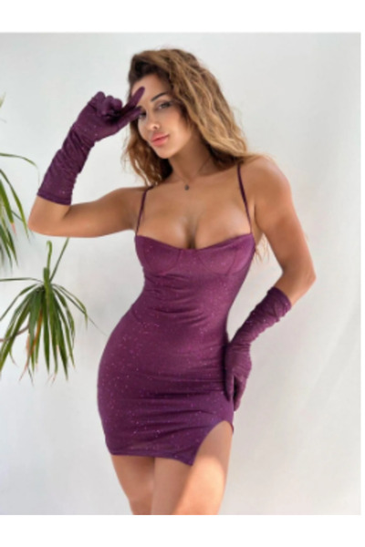 pink and pink TAŞLI KOYUMOR SİMLİ KUMAŞ ELDİVENLİ ELBİSE