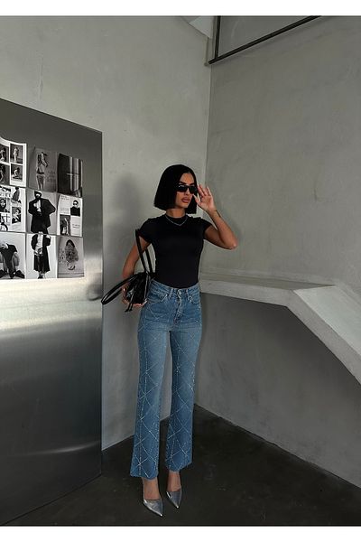 Diviny Dámské modré džíny Stoned Mini Flare s vysokým pasem