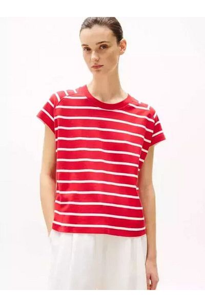 Tommy Hilfiger Women's Cotton Comfortable No Sleeves Red T-Shirt Round Neck Horizontal Line Pattern
