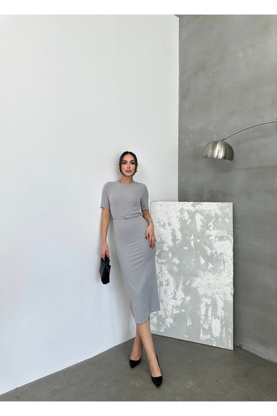 maf collection Γυναικείο βραδινό φόρεμα με κοντό μανίκι με λεπτομέρεια σε γκρι λαιμόκοψη