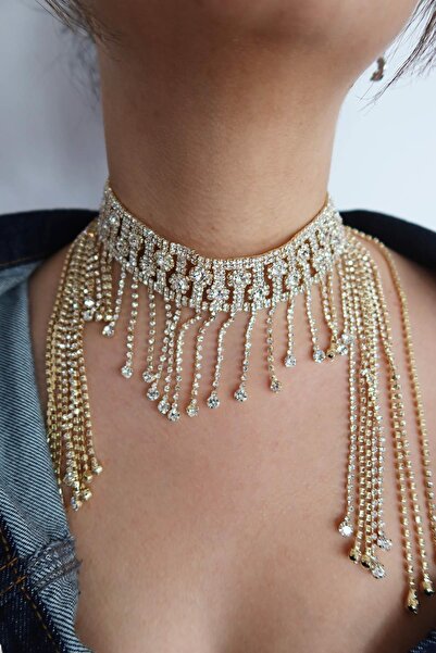 TAKIŞTIR Altın Renk Taş Detaylı Tasarım Choker Kolye