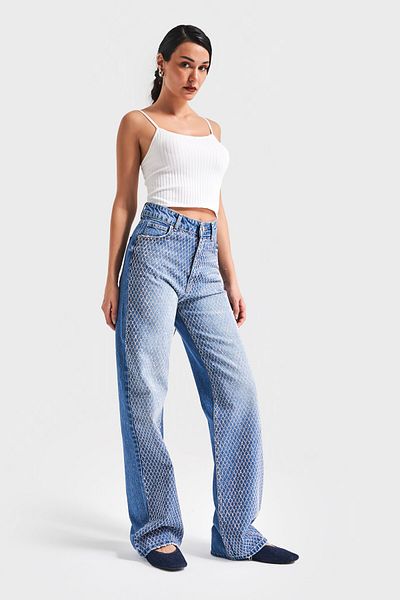 its basic Blugi de damă de culoare albastră T3-2S5-4, piatră strălucitoare, cu talie înaltă, 100% bumbac, design denim