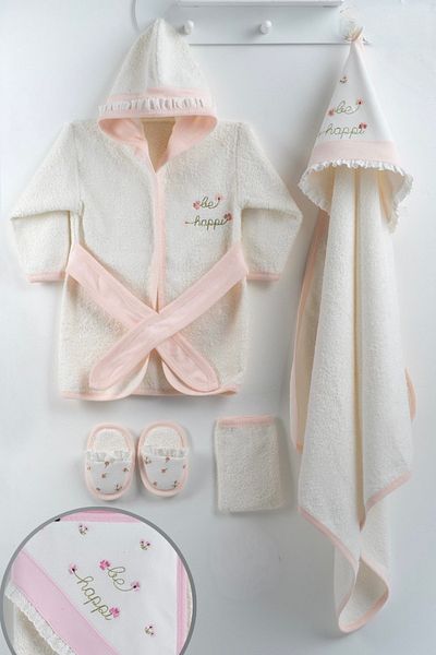 Cherub Baby Be Happy Flower Embroidered Salmon Organic Newborn Baby Girl Towel Bathrobe Set - Baby Birth Gift